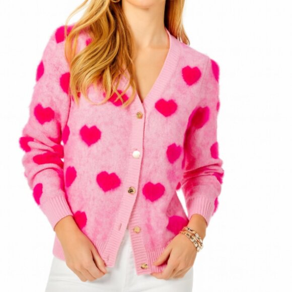 Lilly Pulitzer Cozy Fuzzy Preppy Heart Print Keane Cardigan Sweater Pink Large - Picture 1 of 16